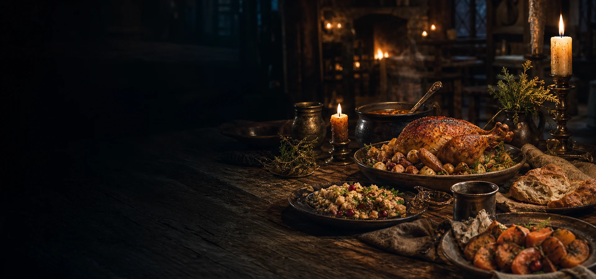 Candlelit tavern table with roast chicken, rustic sides, and fresh bread