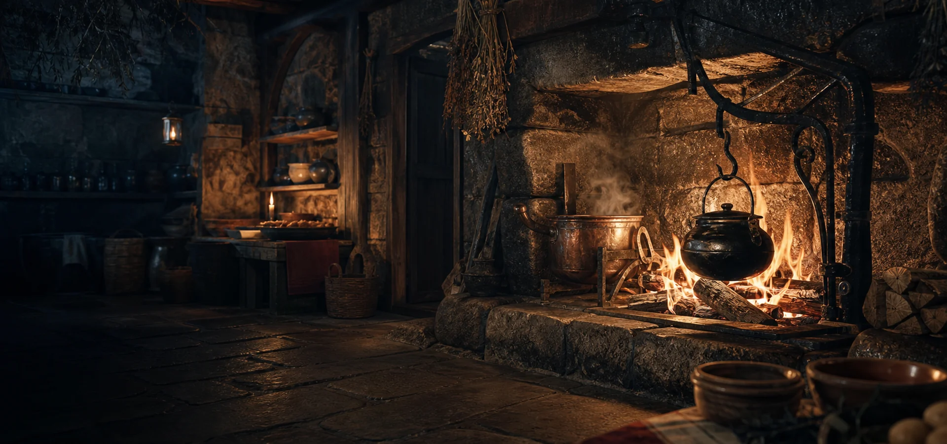 Firelit stone tavern hearth with iron and copper kettles