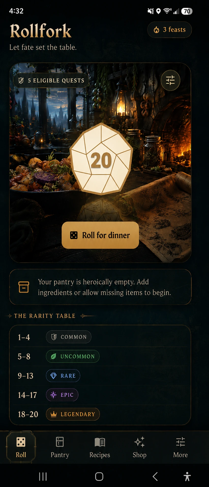 Rollfork Roll screen with a glowing D20, eligible quests, and rarity table